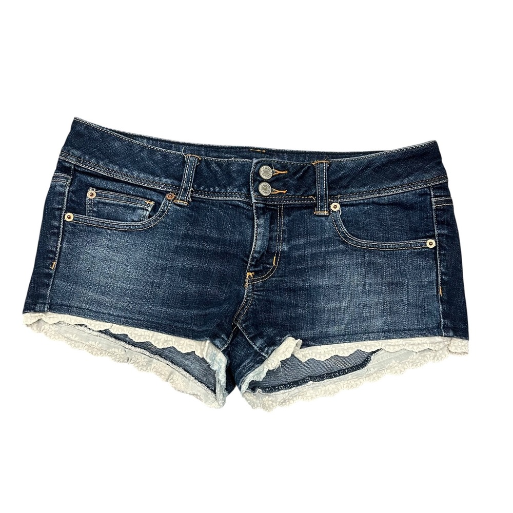 American Eagle Women Size 8 Dark Wash Lace Trim Denim Jean Shorts Low Rise Y2K